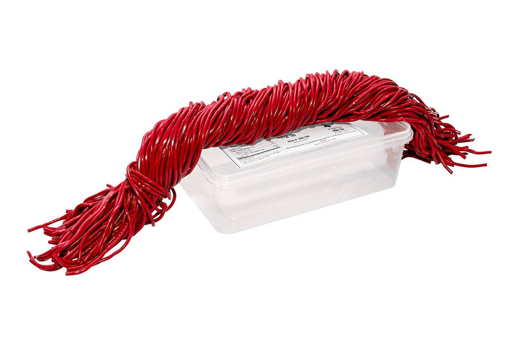 Red string licorice candy bundle with clear storage container