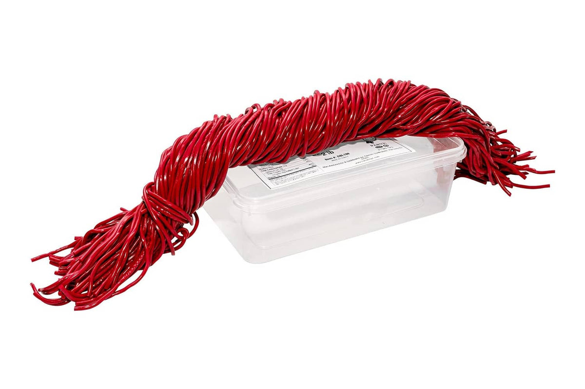 Red string licorice candy bundle with clear storage container