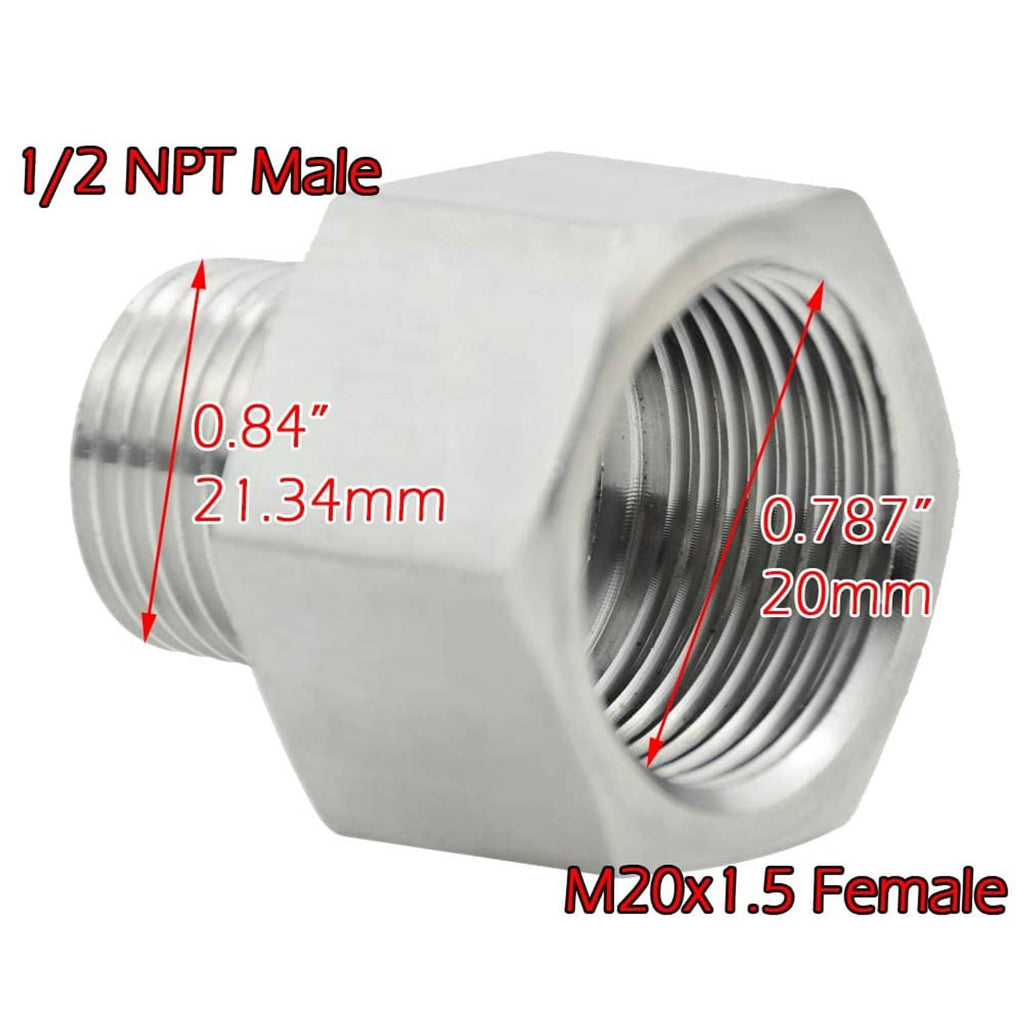 RivetOak Beduan Stainless Steel Thread Adapter M20x1.5 Female to NPT 1/2" Male, Silver