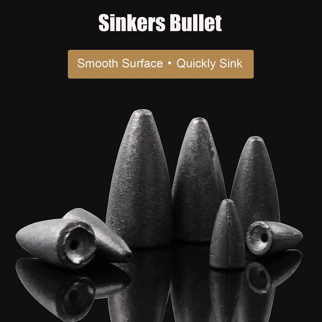 Bullet fishing sinkers bundle, smooth metallic gray bullets with round eyelets