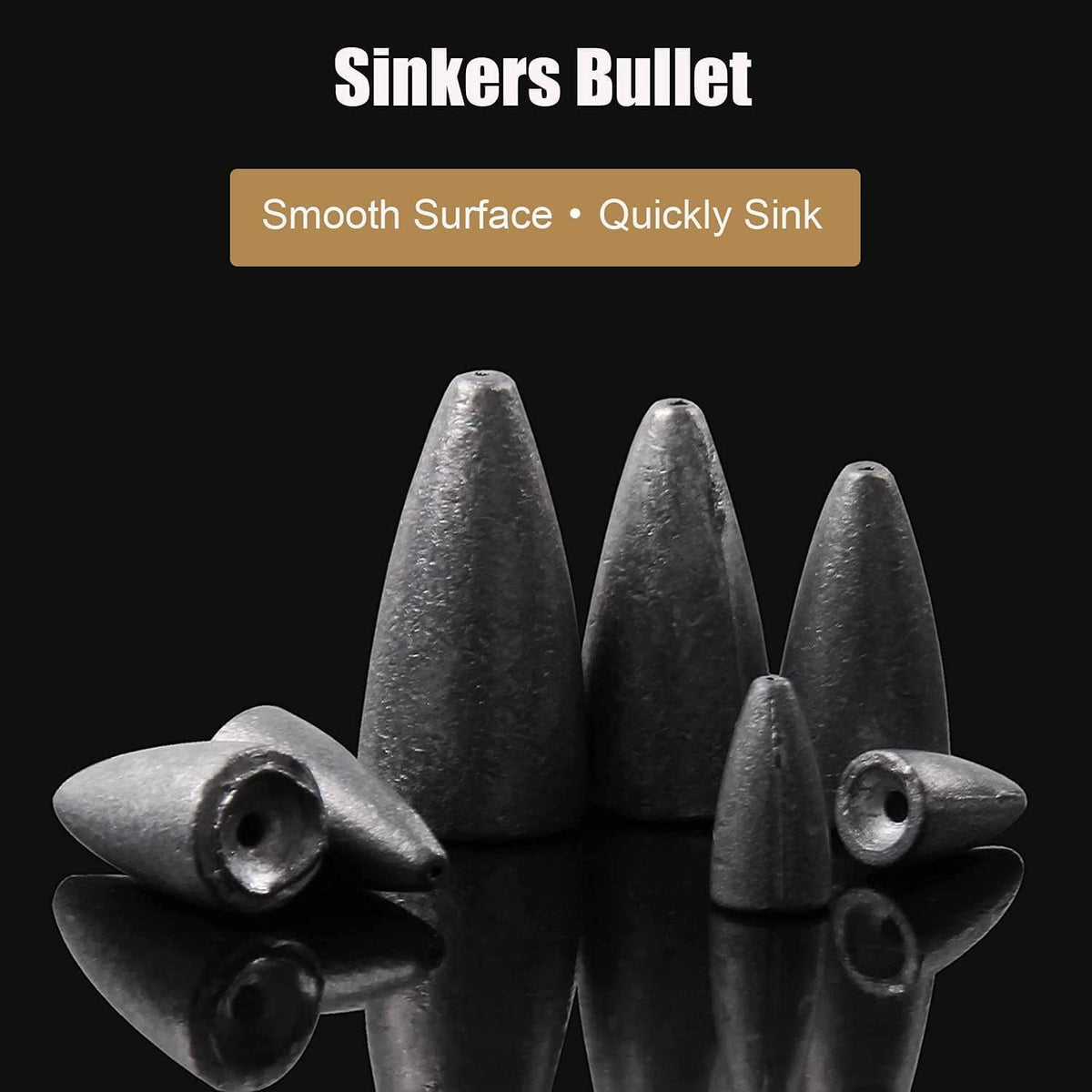 Bullet fishing sinkers bundle, smooth metallic gray bullets with round eyelets