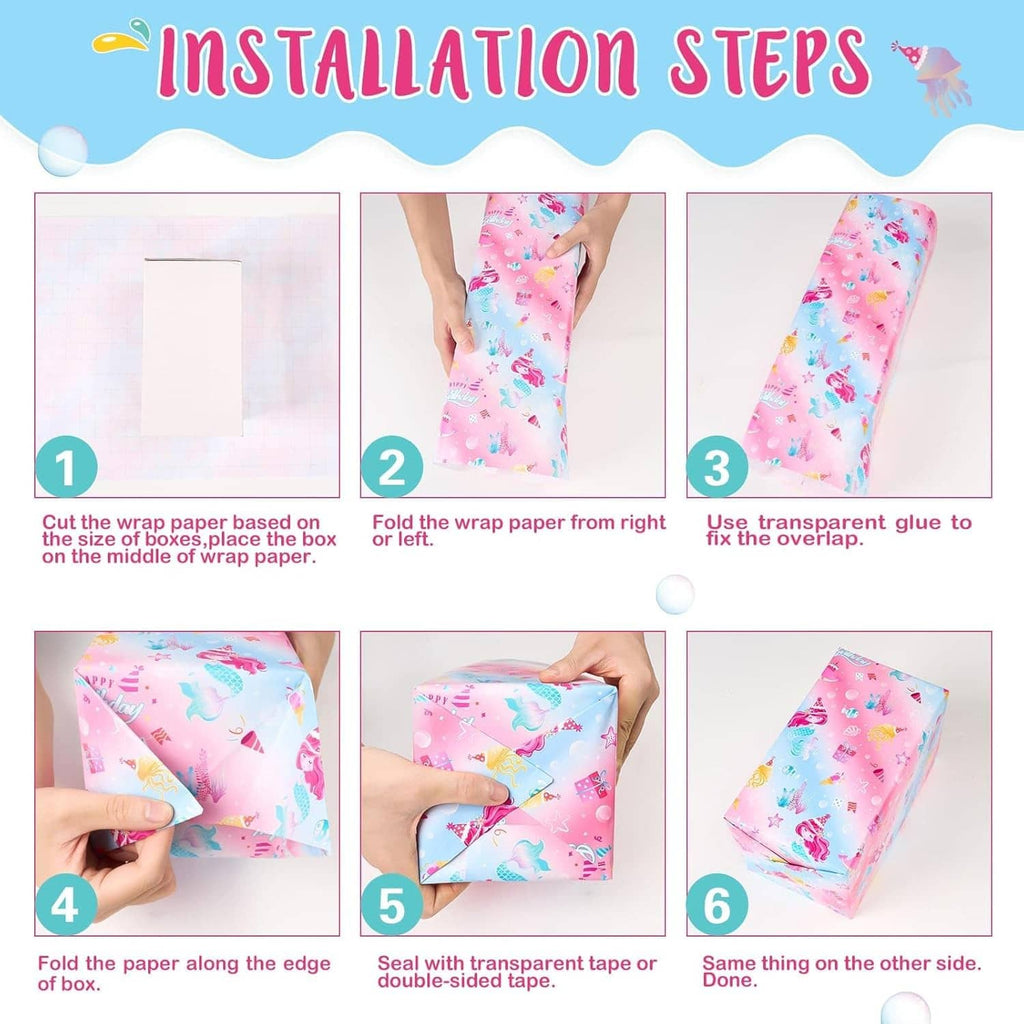 Mermaid wrapping paper installation steps shown on wrapping paper sheets
