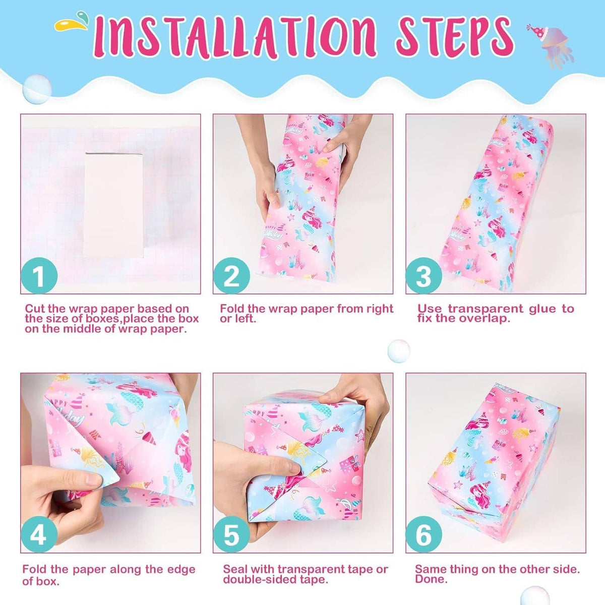 Mermaid wrapping paper installation steps shown on wrapping paper sheets