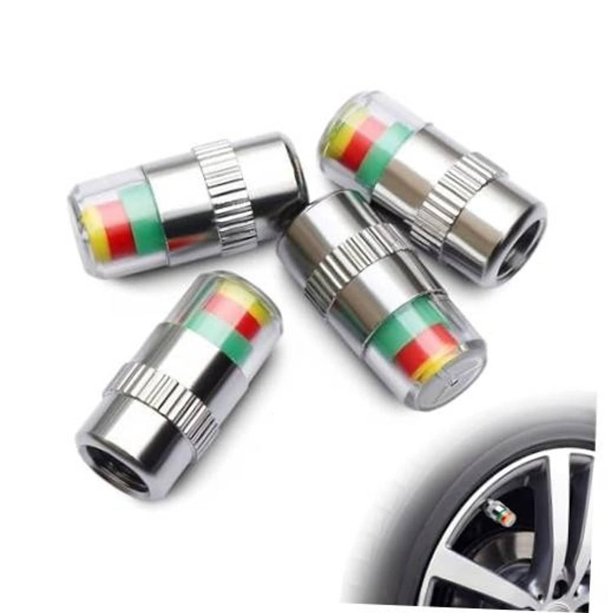 Set of 4 silver tire pressure monitor valve caps with multicolor indicator bands