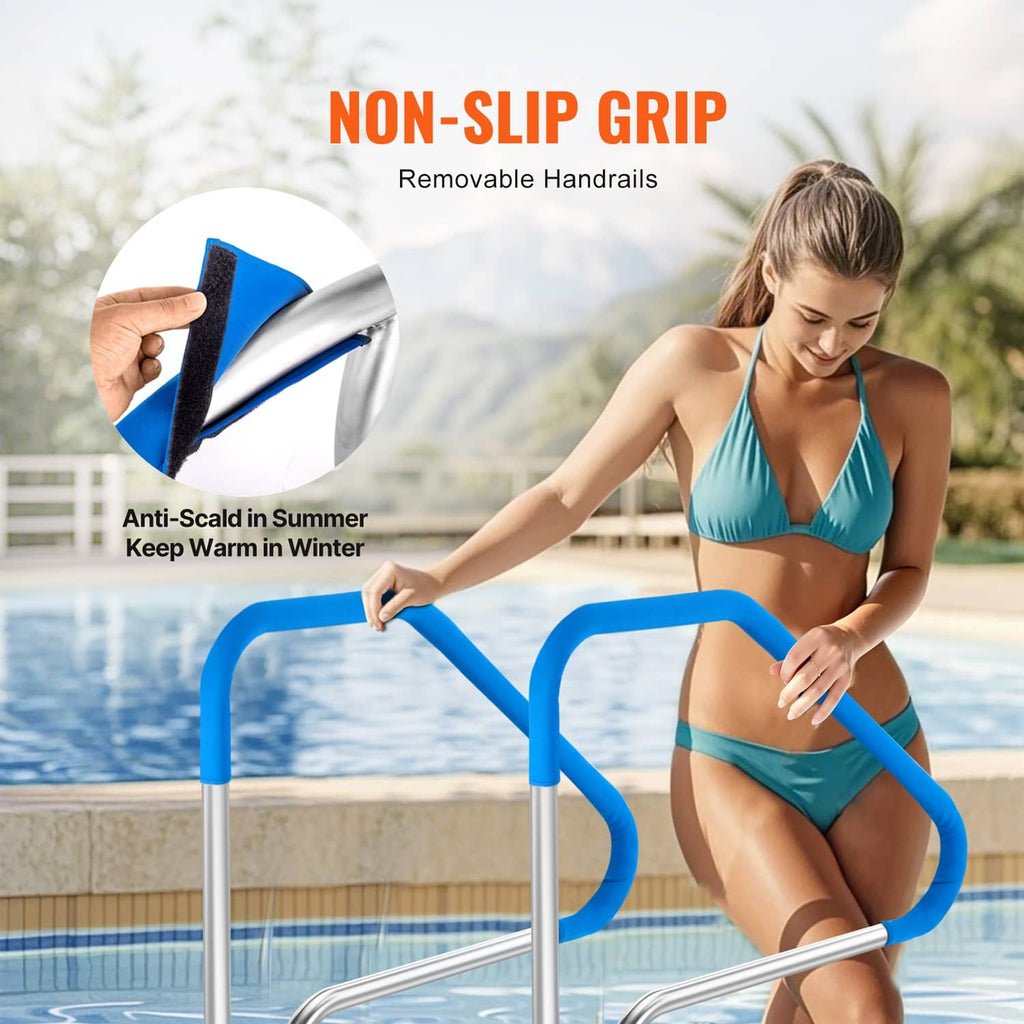 Non-slip blue grip stainless steel pool handrail with removable handhold design