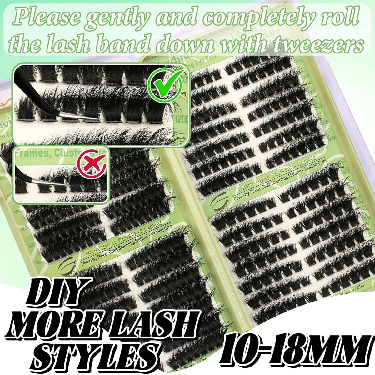 Black wispy lash clusters on tray with DIY styling guide for tweezers and curl-down