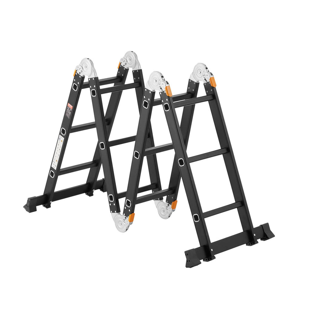 Folded multi-position ladder with black rails and gray wheels, compact for storage