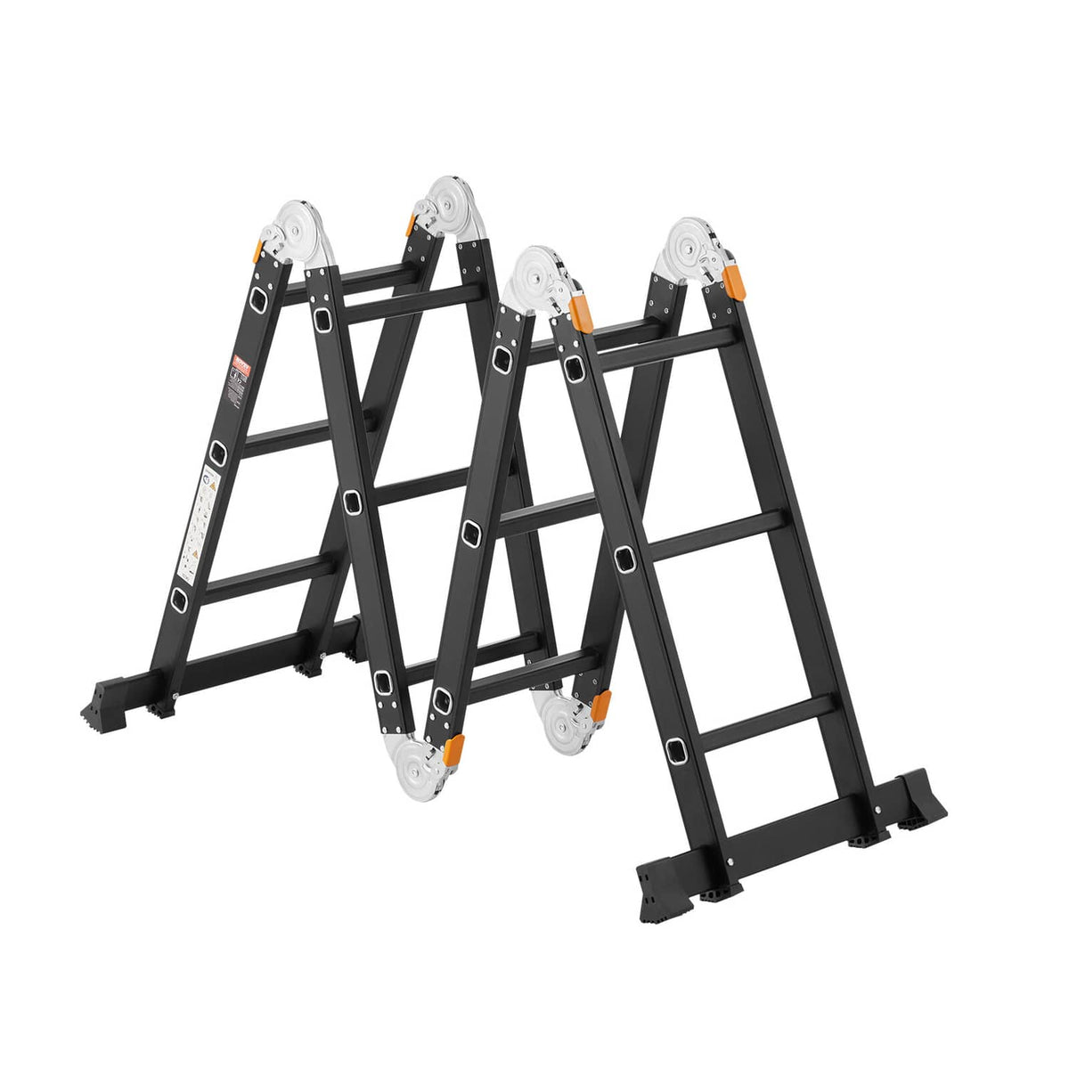 Folded multi-position ladder with black rails and gray wheels, compact for storage