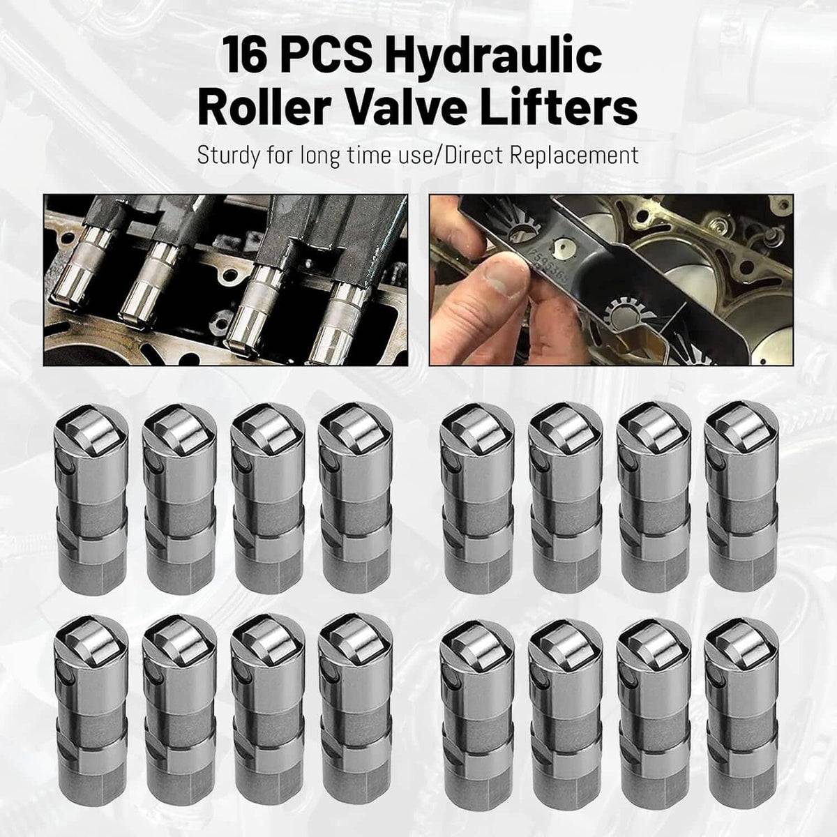 Hydraulic roller lifters set, grid of silver lifters with black guide tray