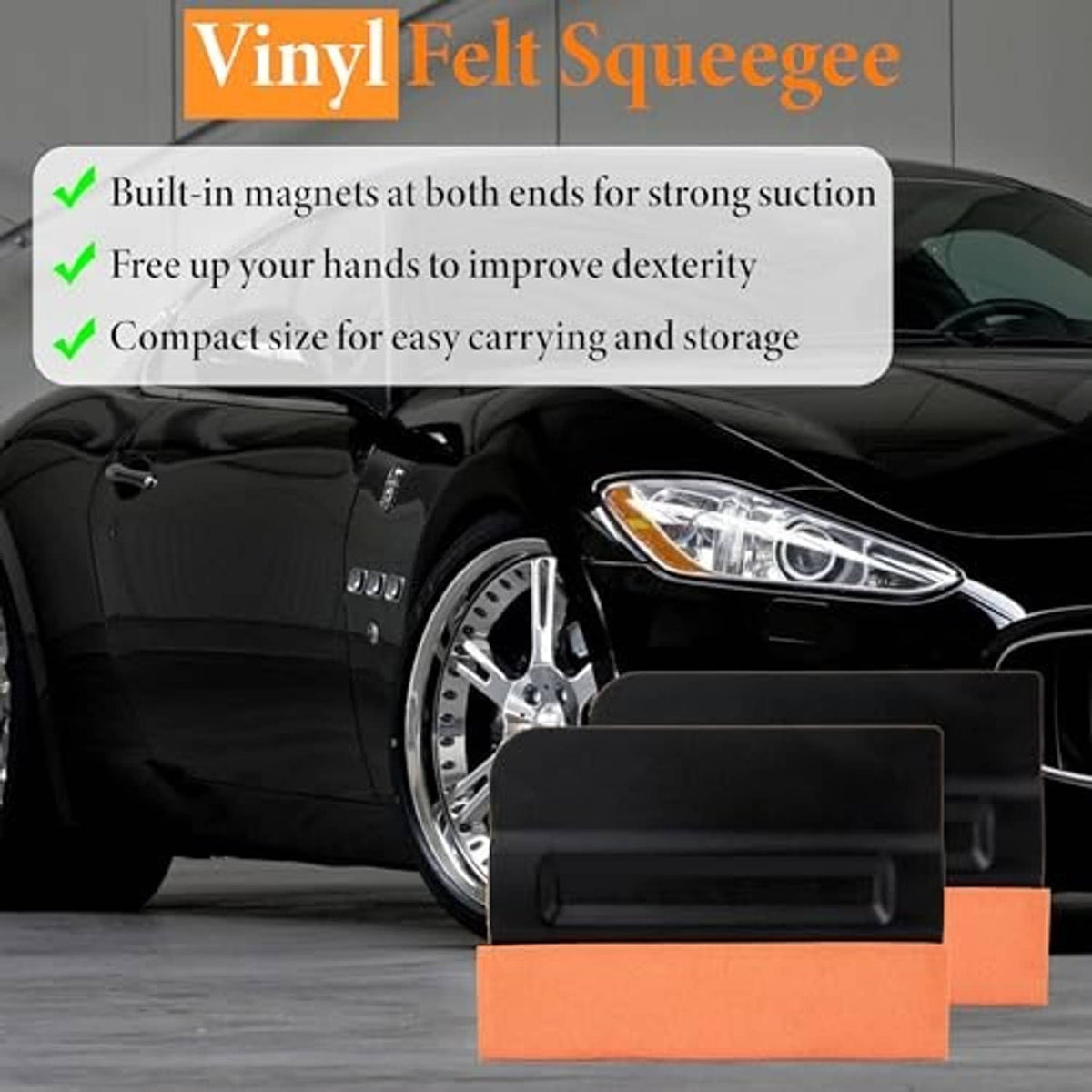 Magnetic vinyl felt squeegee with black handle and orange felt edge, compact size