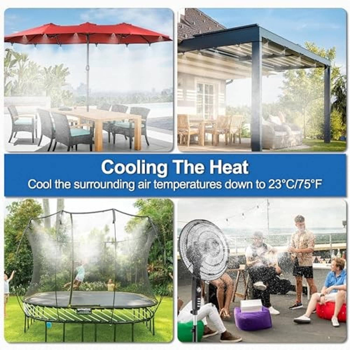 Outdoor patio water misting cooling hose kit with adjustable spray mist nozzles