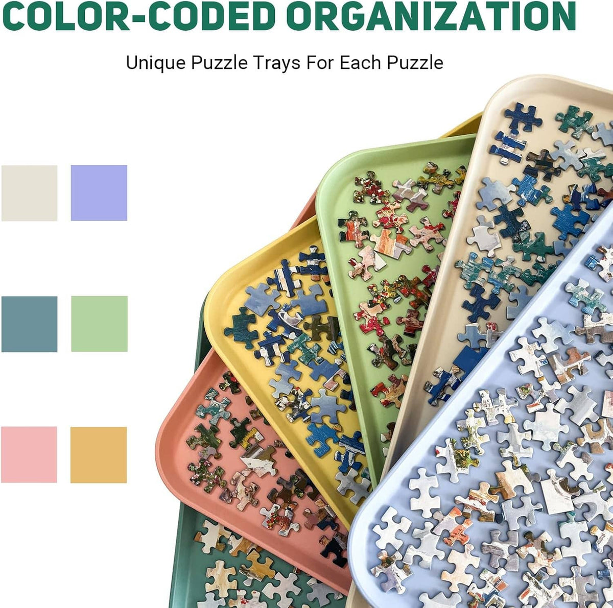 Color-coded puzzle sorting trays set with overlapping trays and puzzle pieces