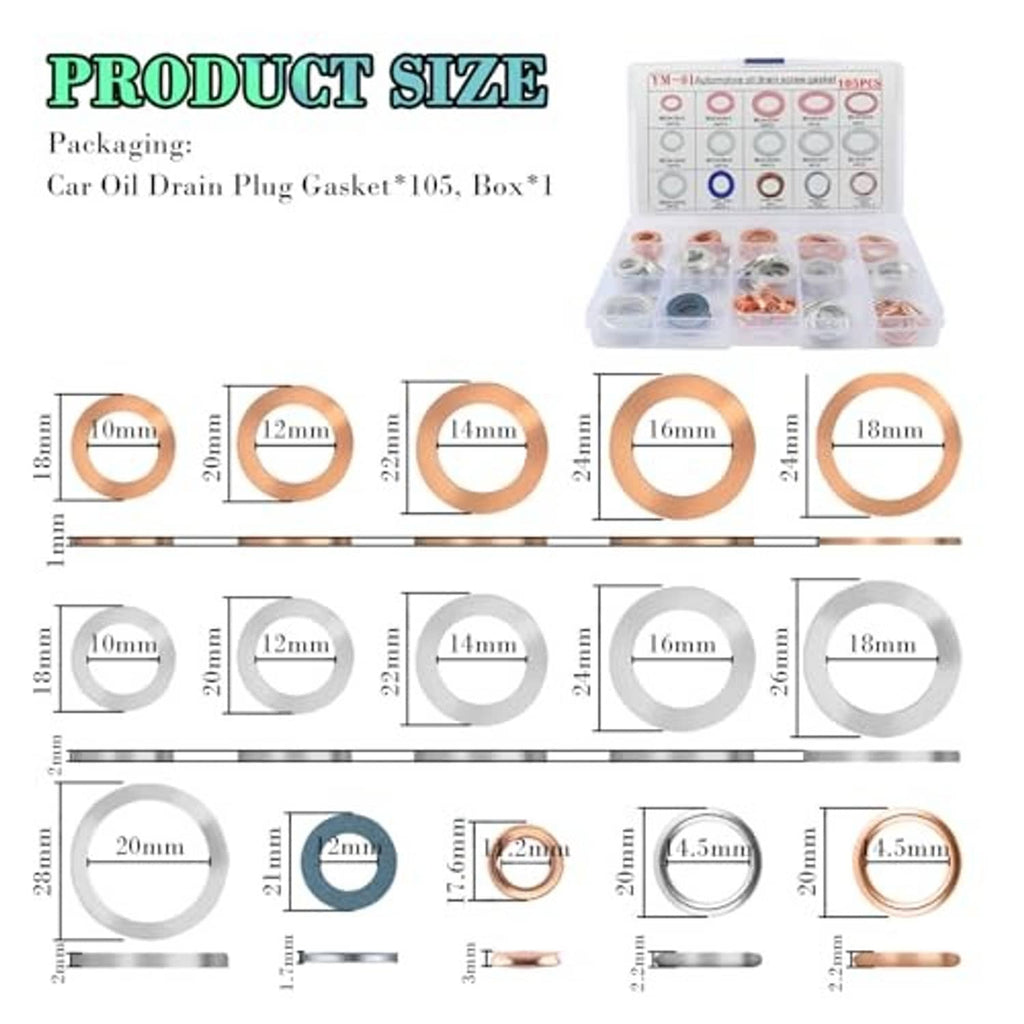 Assorted oil drain plug gasket sizes, showing copper and silver crush washer rings