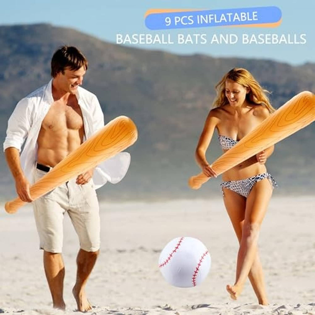 Orange inflatable baseball bat set with white baseballs featuring red stitched seams