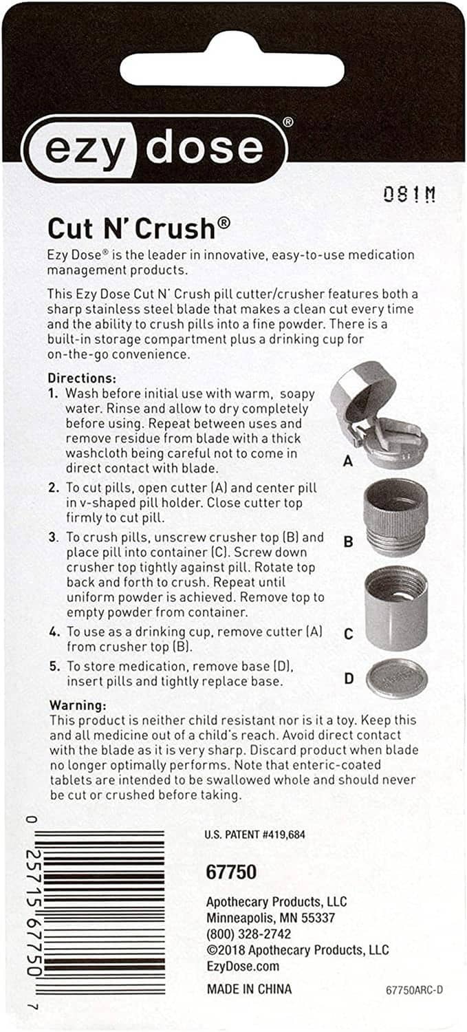 Ezy dose Cut N' Crush pill crusher instruction label with barcode