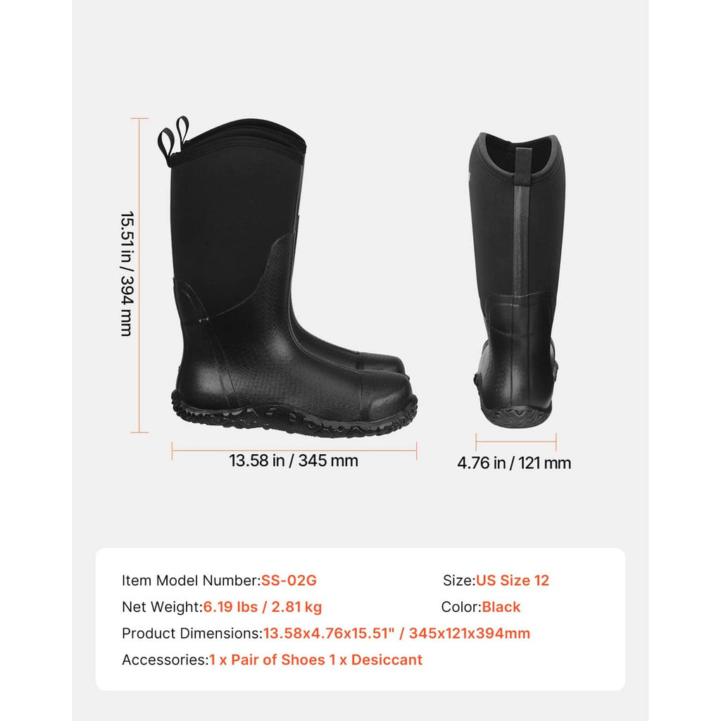 Black tall rubber boots front and back views with pull-on loop and side seam
