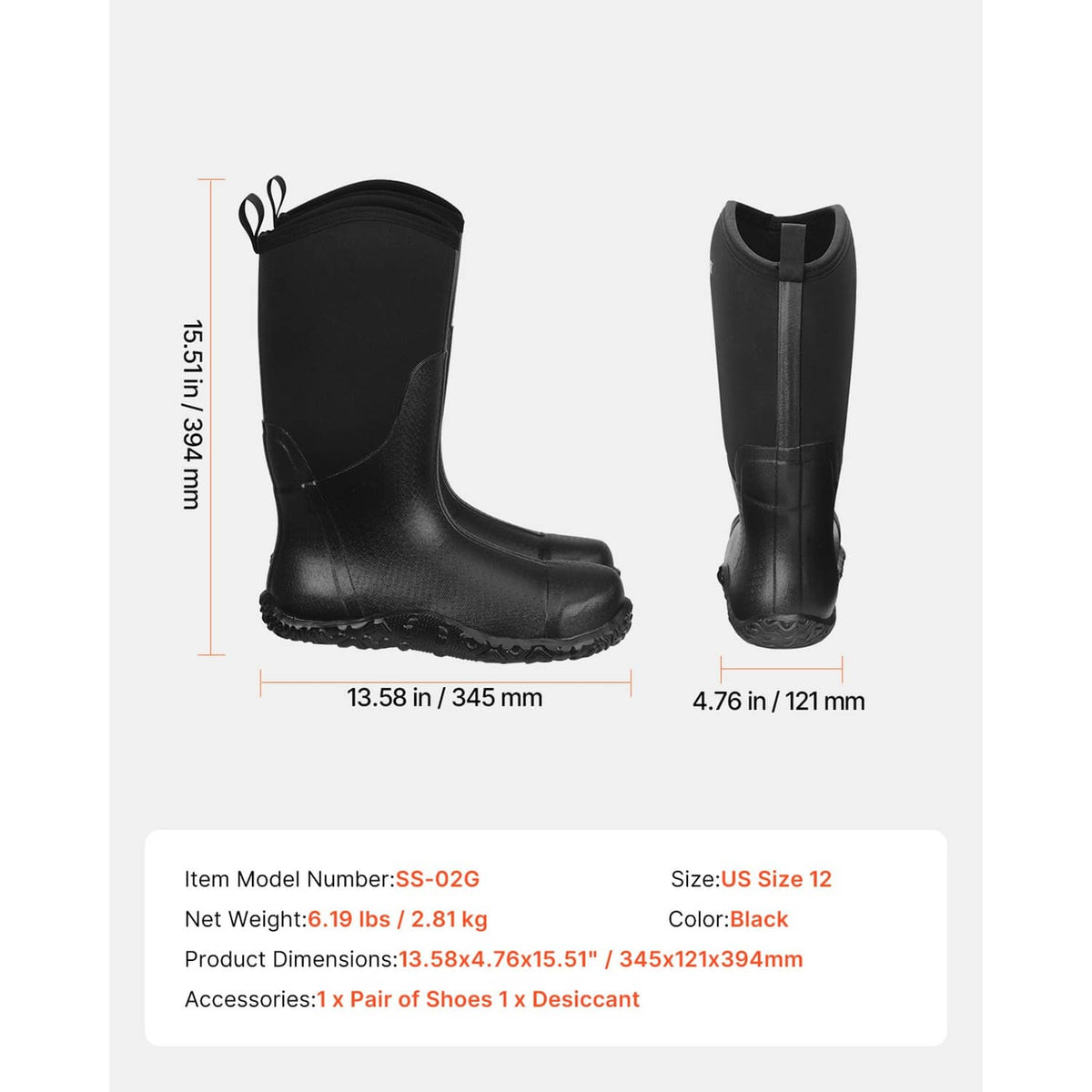 Black tall rubber boots front and back views with pull-on loop and side seam