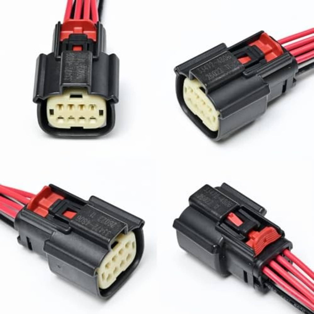 Headlight wiring connector pigtail set with red lead wires and black housing
