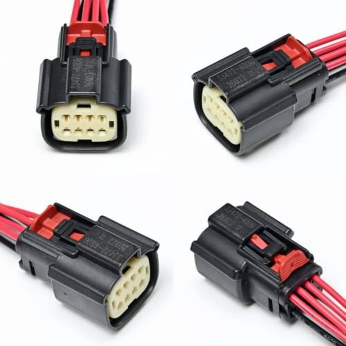 Headlight wiring connector pigtail set with red lead wires and black housing