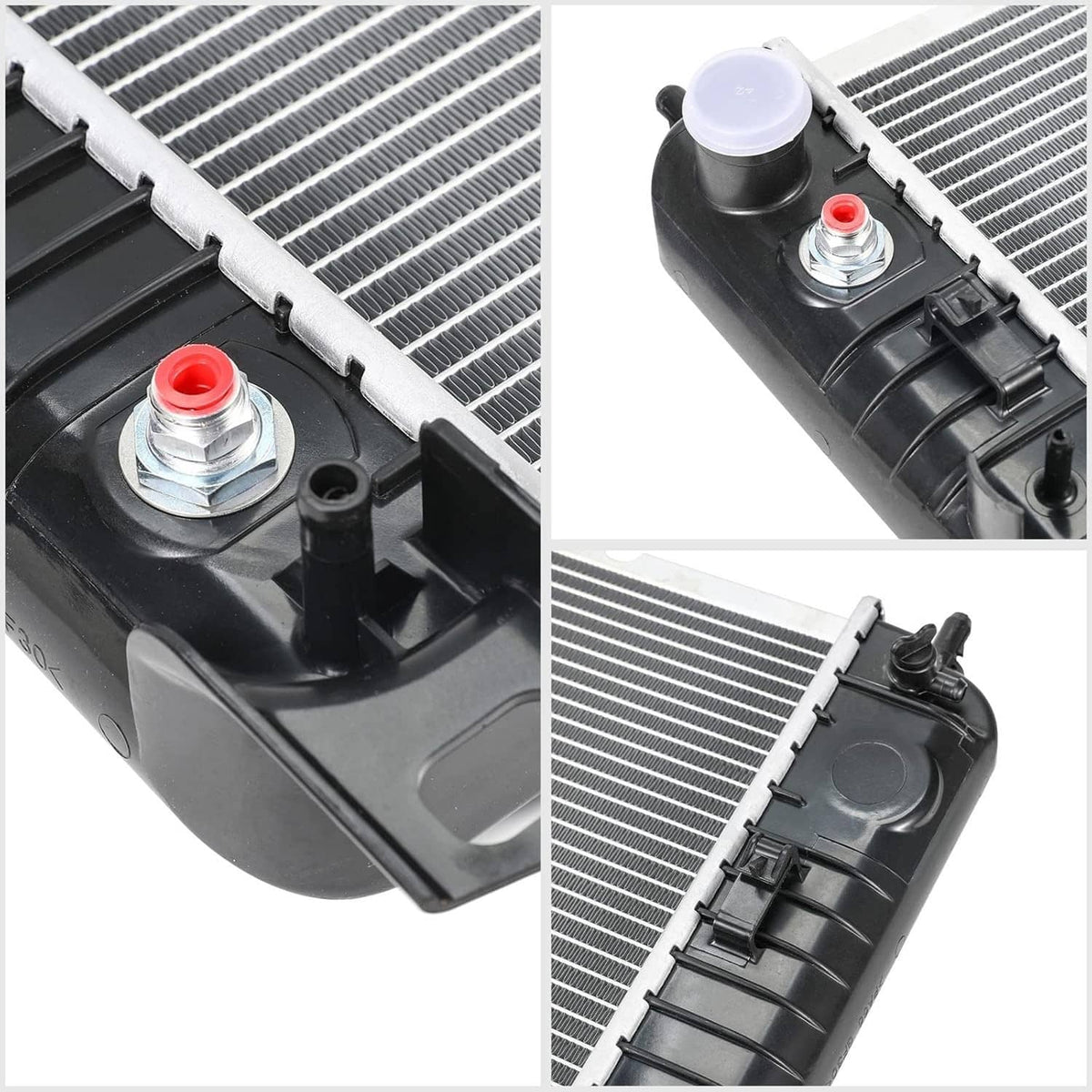 Radiator with black tanks, red-capped fittings, and silver cooling fins