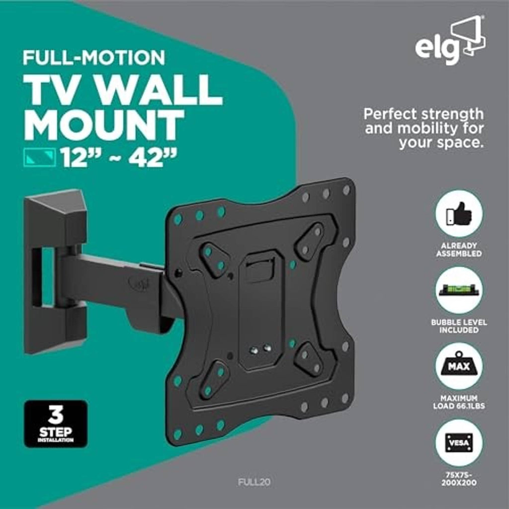 Black full-motion TV wall mount bracket shown on a diagram