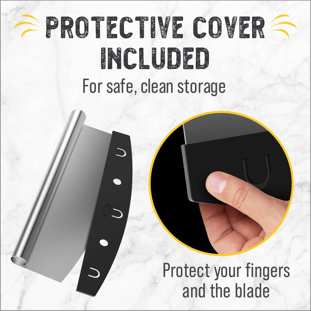 Protective cover for stainless pizza rocker cutter blade, finger-safe storage