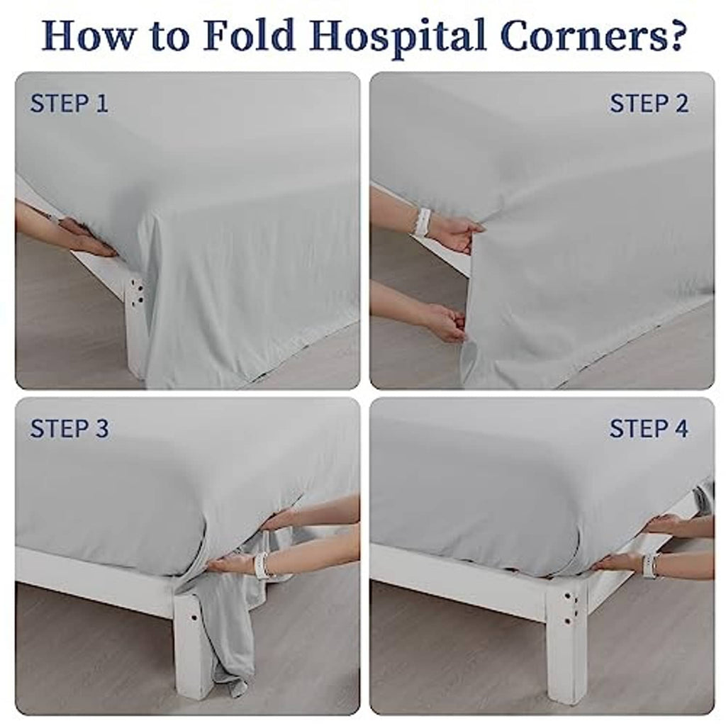 Light grey sheet corner shown folded at the bed edge for a snug fit