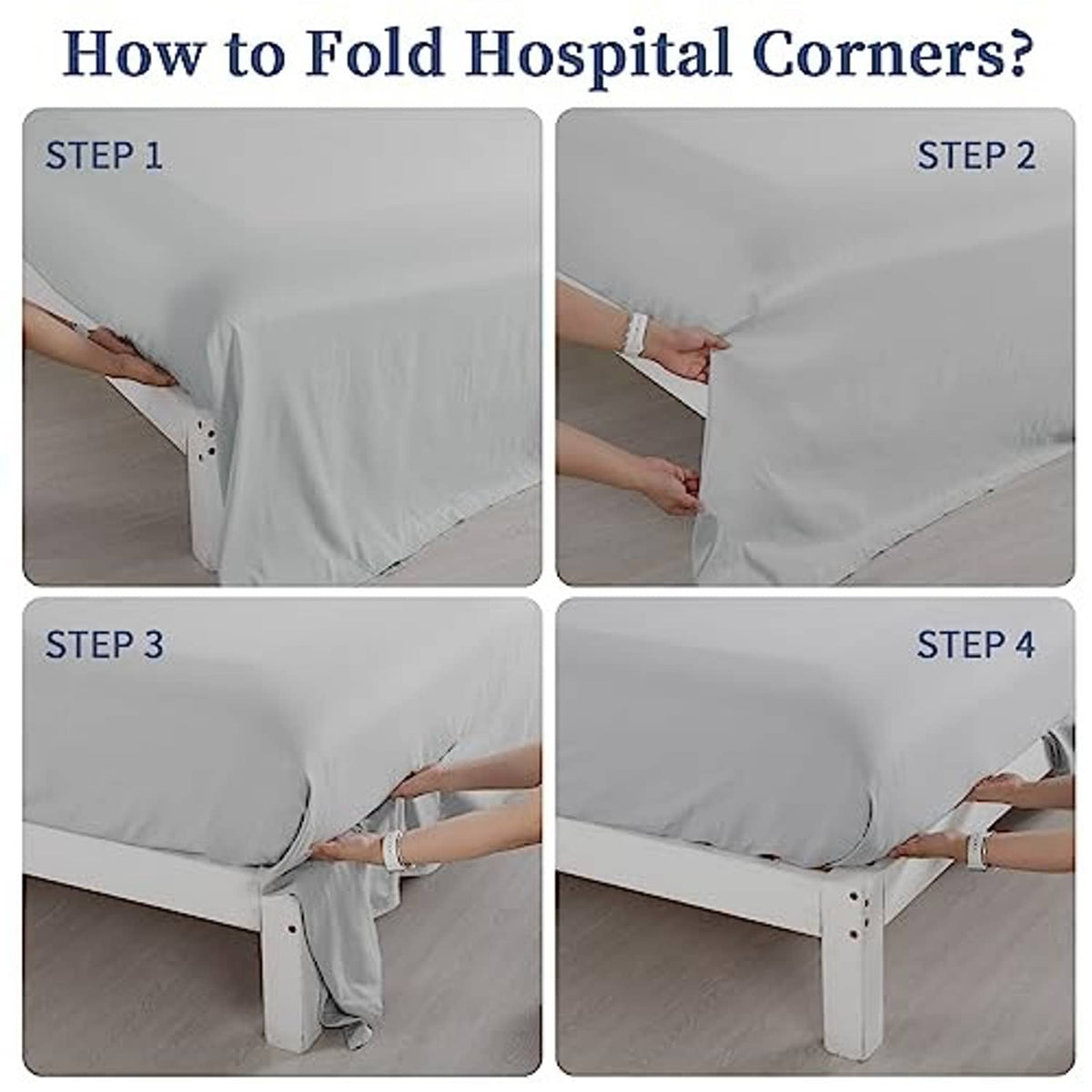 Light grey sheet corner shown folded at the bed edge for a snug fit