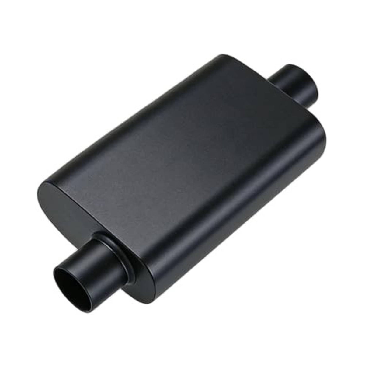 Black muffler with side inlet and outlet pipes on a rectangular body
