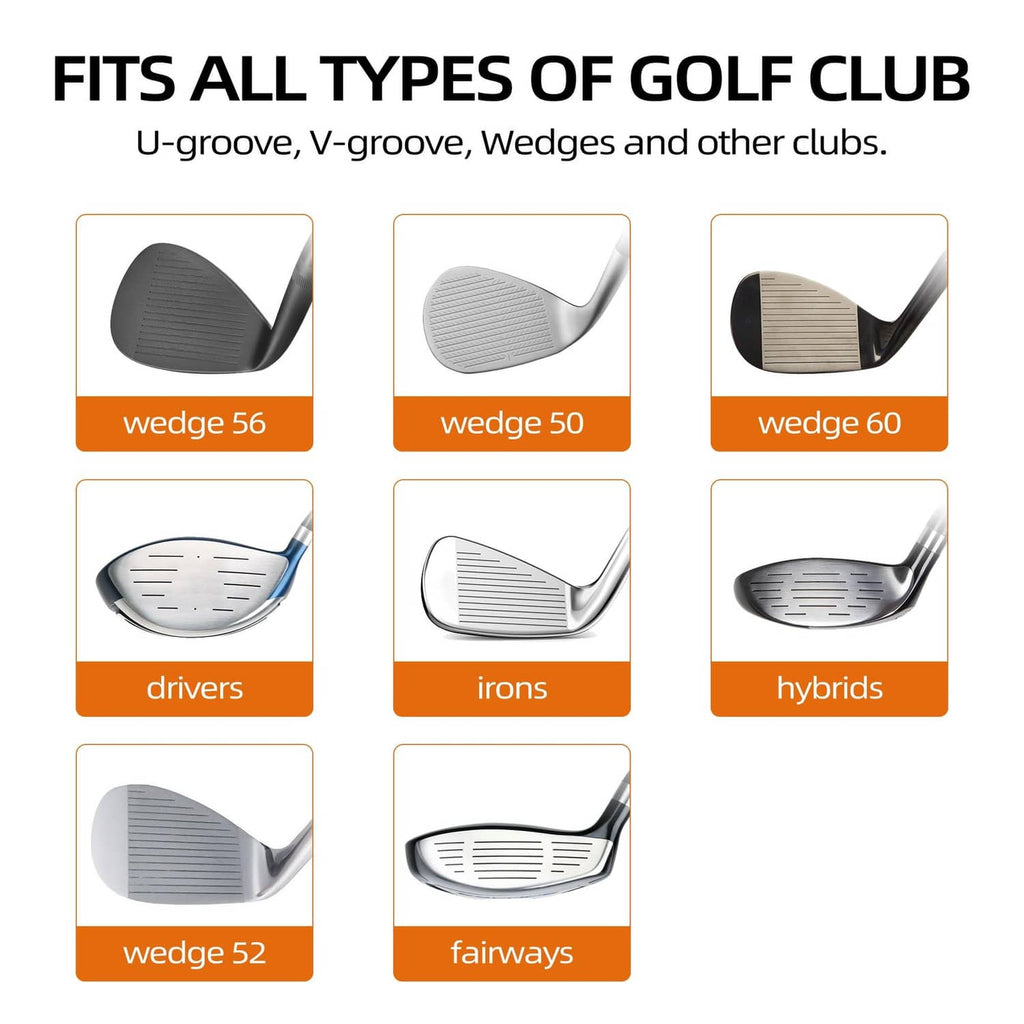 Golf club groove sharpener showing re-grooving fit for irons, wedges, and fairways