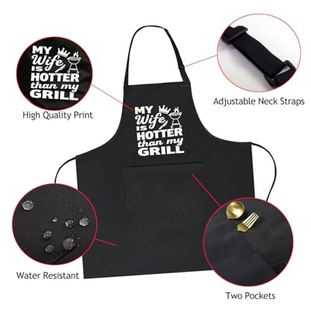 Black BBQ apron with adjustable neck straps, water-resistant finish, and two front pockets