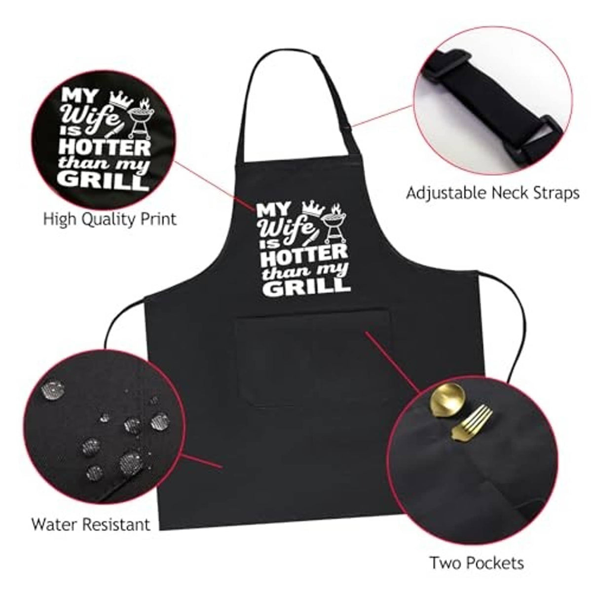 Black BBQ apron with adjustable neck straps, water-resistant finish, and two front pockets