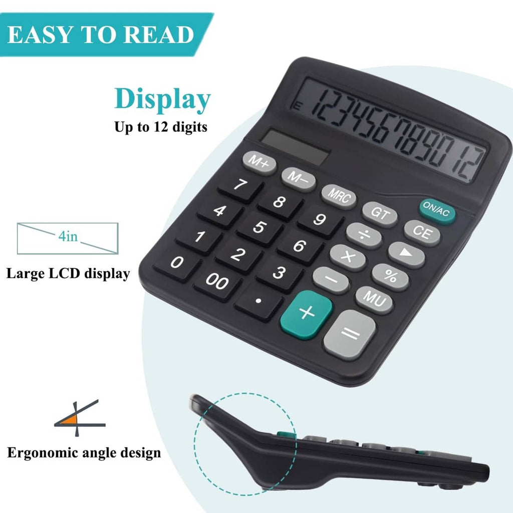 Black desk calculator angled view with large LCD display and numeric keypad
