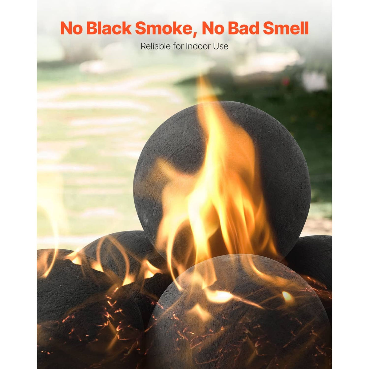 Single black round ceramic fire ball surrounded by burning flames