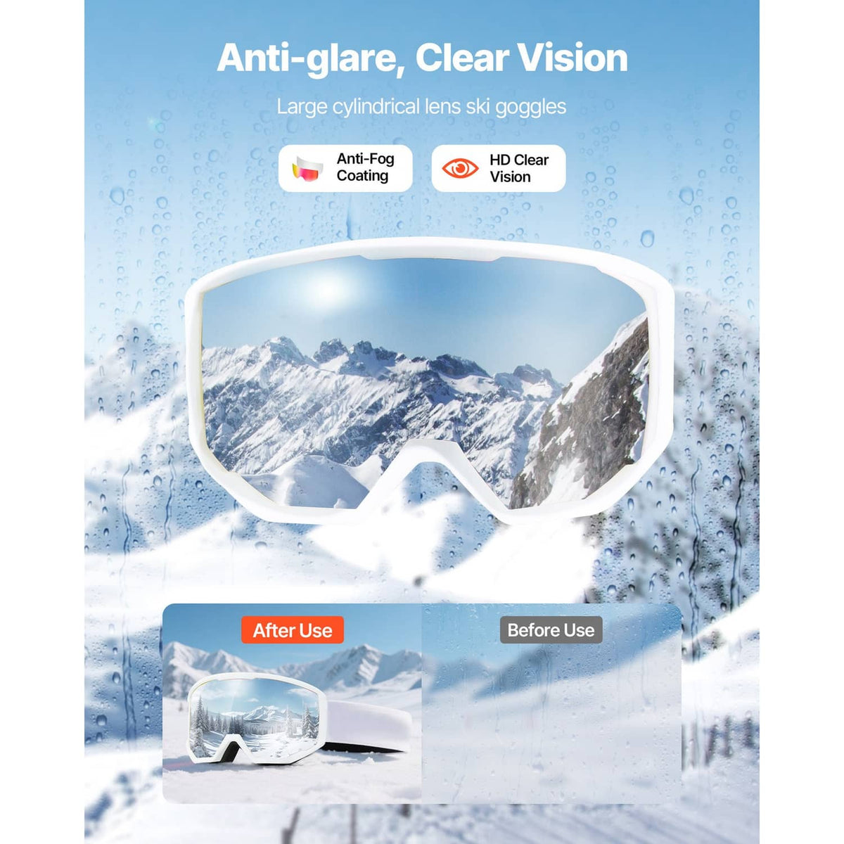 White ski goggles with large cylindrical reflective lens and foam face seal