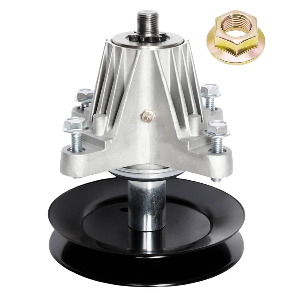 Mower deck spindle assembly with pulley, mounting bolts, and top nut