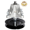 Mower deck spindle assembly with pulley, mounting bolts, and top nut