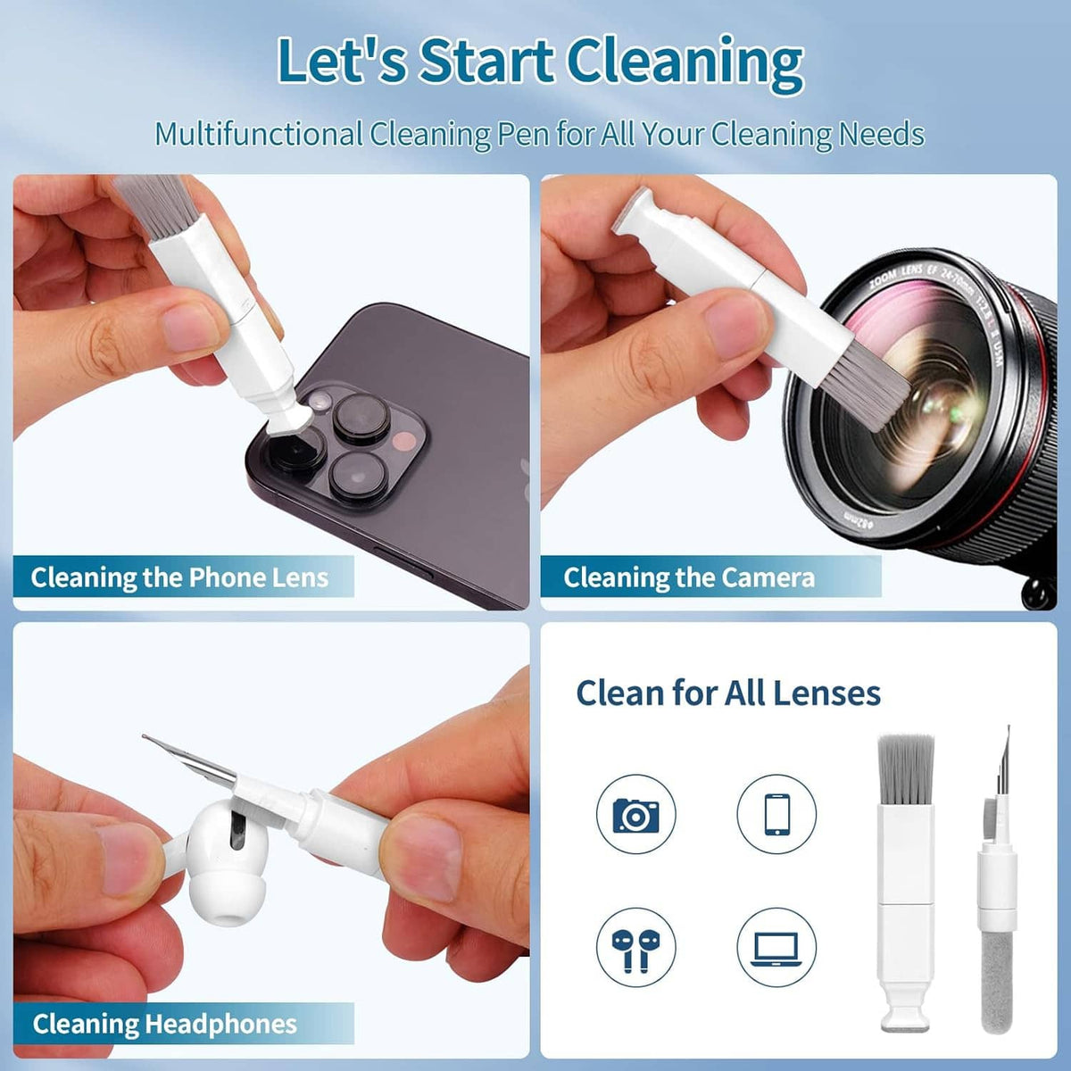 Multifunction cleaning kit attachments with brushes for camera, phone, and headphones