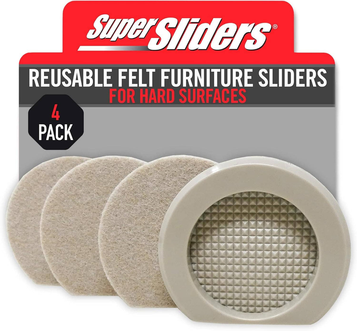 4-pack reusable felt furniture sliders with stacked gray pads and textured gray cup center