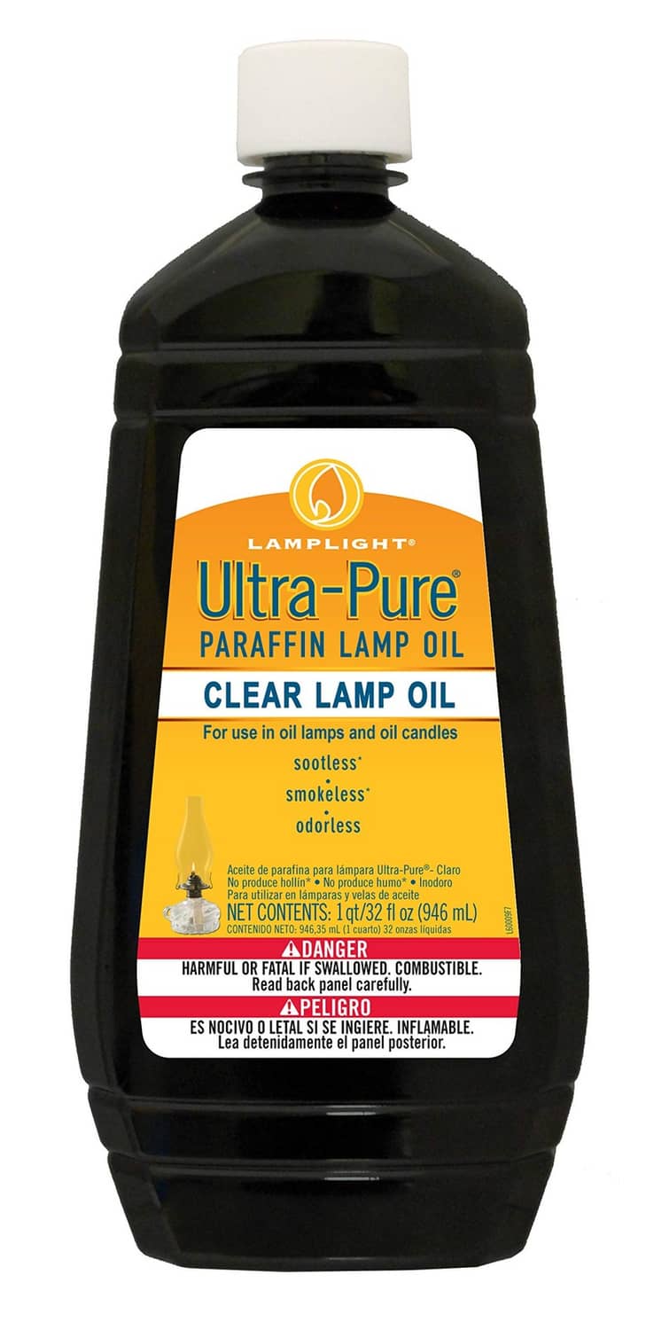 Lamplight ultra-pure clear lamp oil bottle, black with white cap and yellow label
