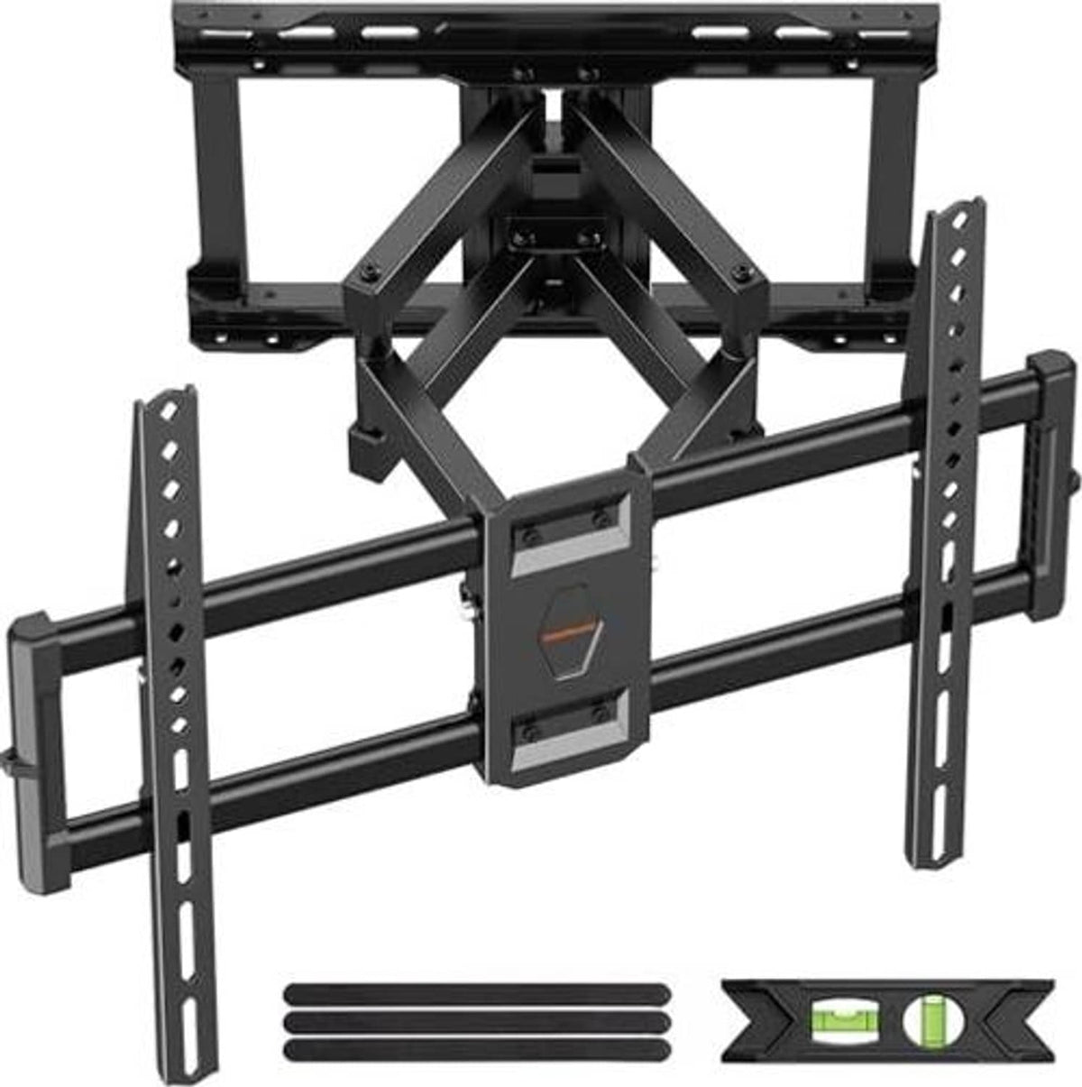 Black full-motion TV wall mount bracket frame with two vertical support rails