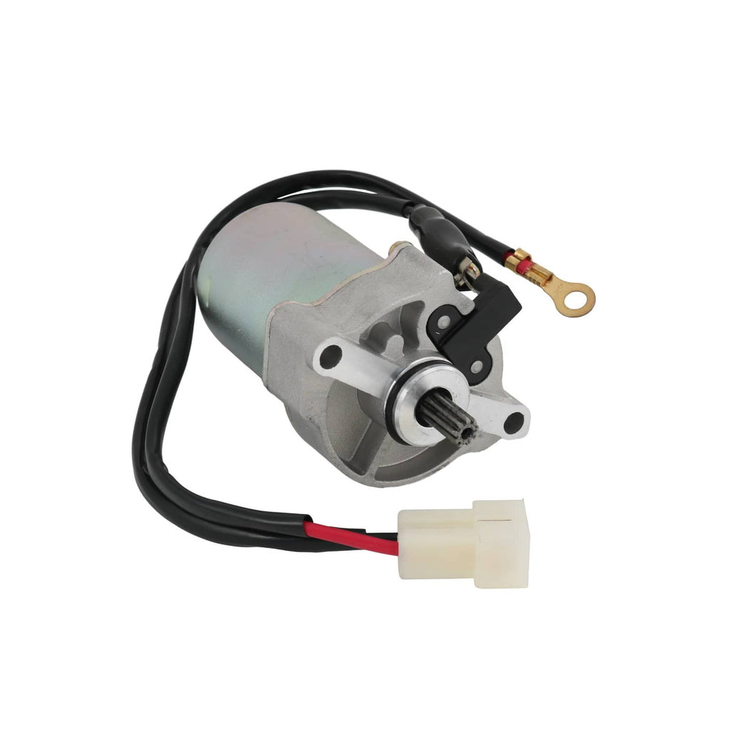 Starter motor assembly with mounting bracket, black wiring, and white electrical connector