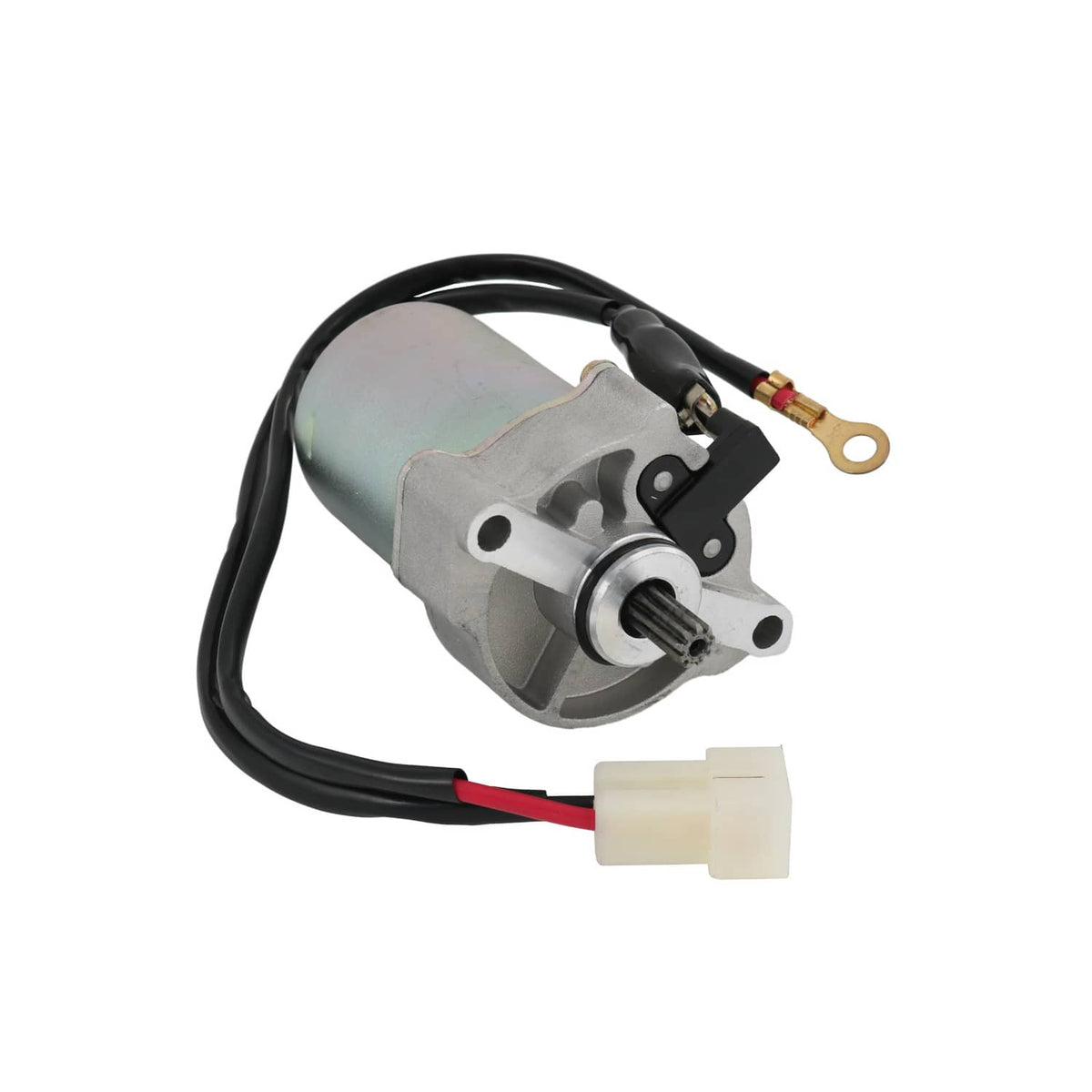 Starter motor assembly with mounting bracket, black wiring, and white electrical connector