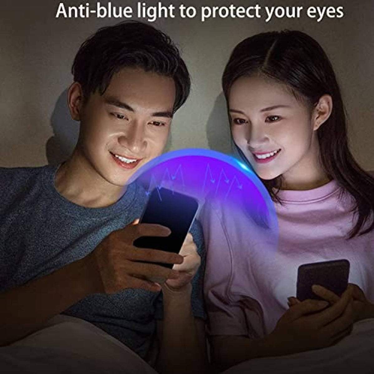 Blue anti-spy tempered glass screen protector on smartphone with eye-protection glow