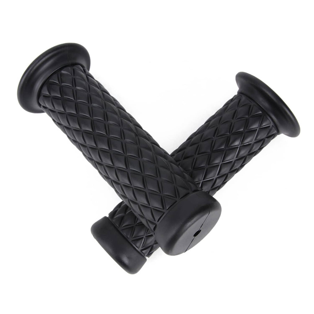 Pair of black motorcycle hand grips with diamond grid texture and rubber end covers