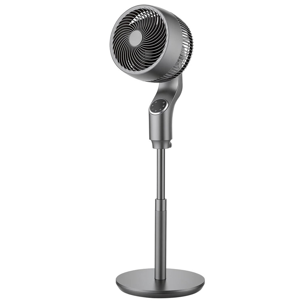 9-inch pedestal fan with front grille, control buttons, and wide round base