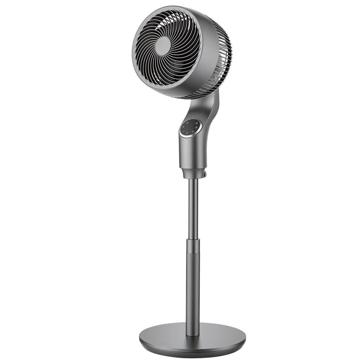 9-inch pedestal fan with front grille, control buttons, and wide round base