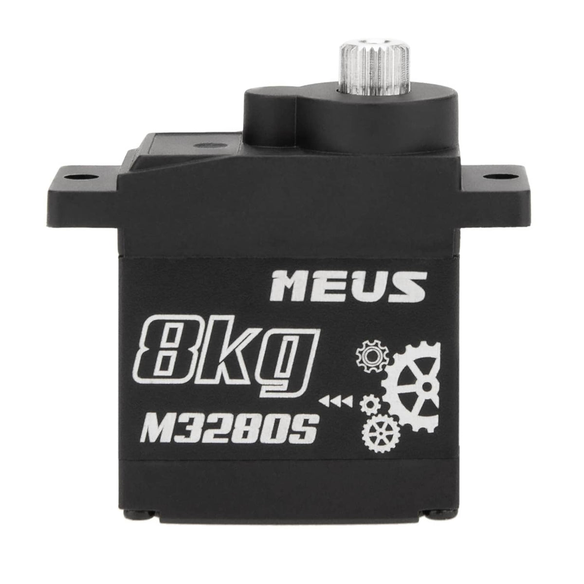 Black RC micro servo front view with MEUS 8kg M3280S label and metal spline shaft