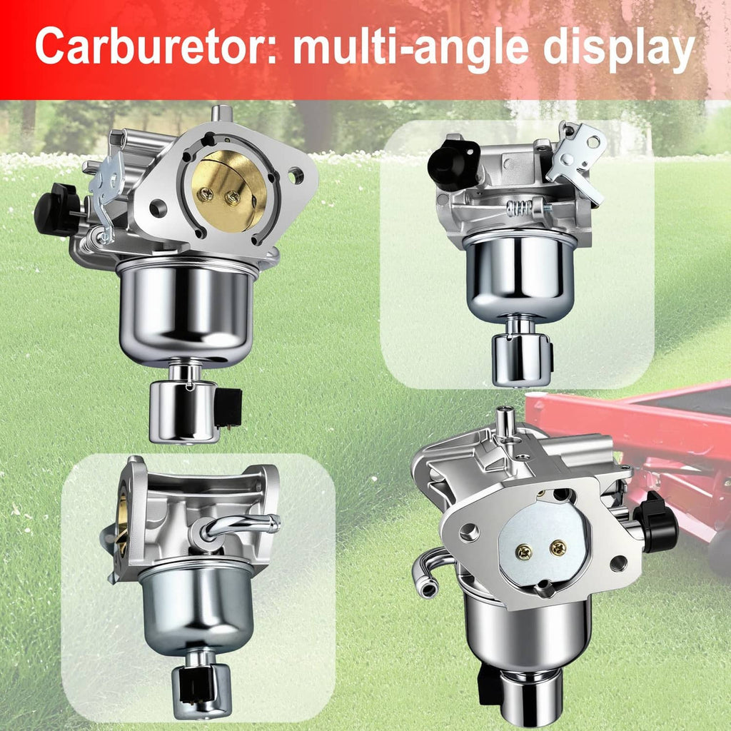 Carburetor kit with polished metal carburetor body and mounting parts, multi-angle view