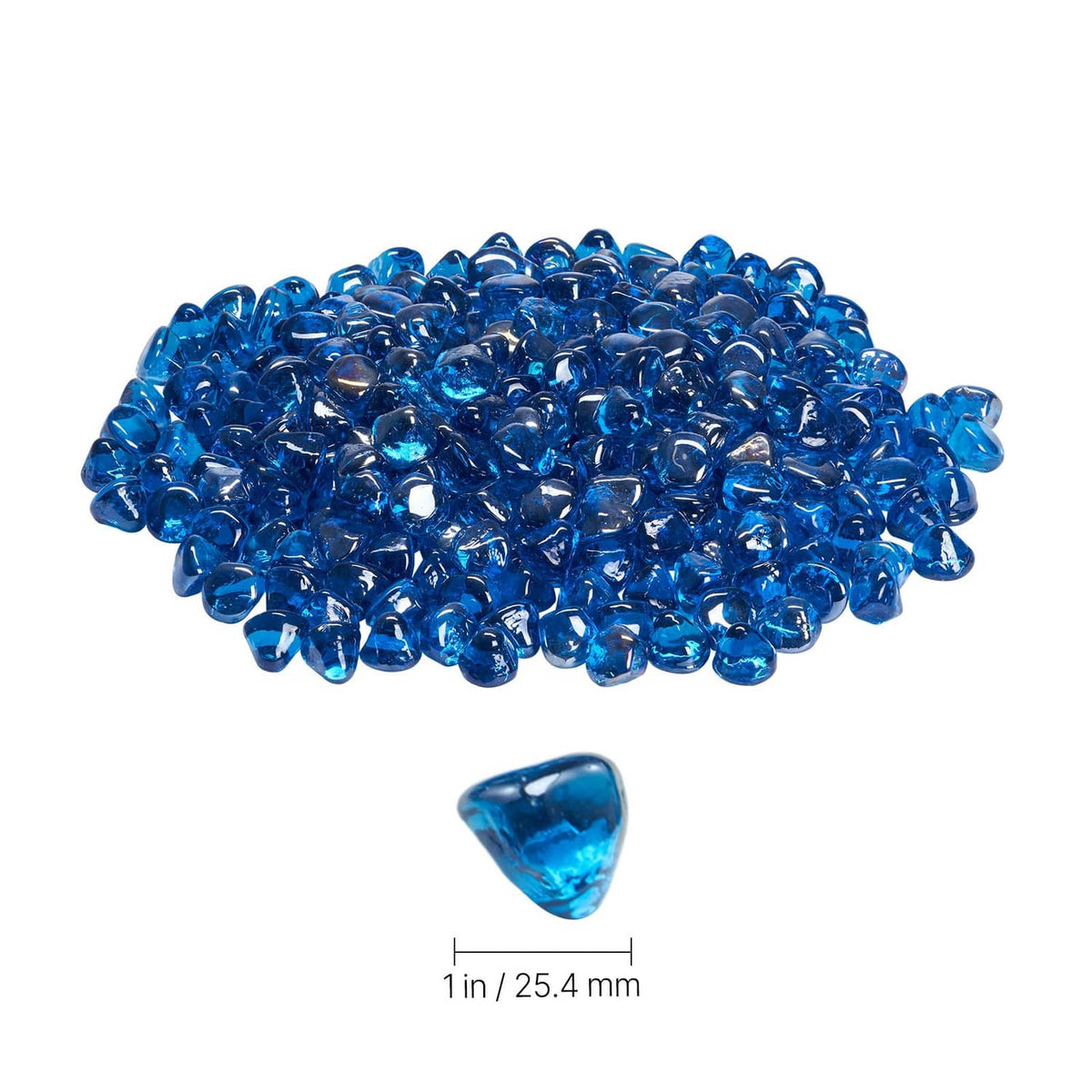 Caribbean blue glass beads pile with a single bead and 1-inch size reference